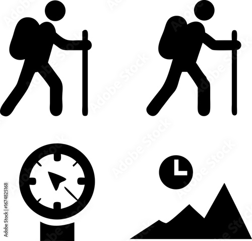 Plan your perfect outdoor adventure with hiking icons, time, and mountain peak symbols