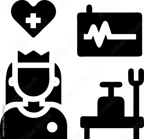 Medical staff and healthcare equipment symbols for hospital care and patient assistance