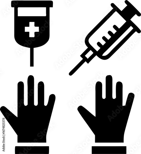Essential medical safety icons featuring iv drip, injection syringe and protective gloves providing safety