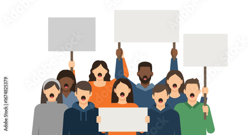 A diverse group of activists protesting with blank signs. Vector illustration of a crowd demonstrating for social rights