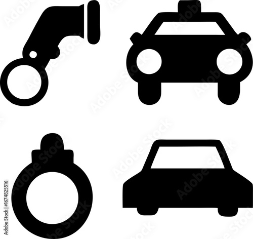 Law enforcement icons showing handcuffs and car for justice concept, safety patrol and emergency response