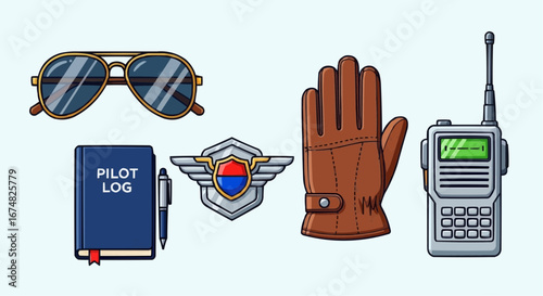 Aviation vector object and icon essential aviation pilot gear and accessories including logbook sunglasses glove and radio communication device