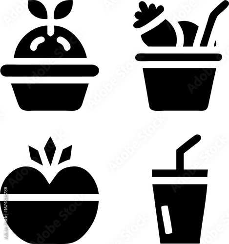 Fresh and healthy food icons set representing natural vegetarian dishes and drinks, clean eating concept