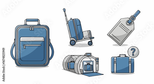 Aviation vector object and icon illustration of luggage travel suitcase baggage tag and airport security scanner for travel planning trip