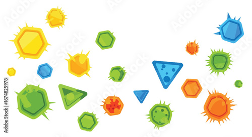 Abstract colorful geometric shapes with spiky edges resembling microorganisms or bacteria