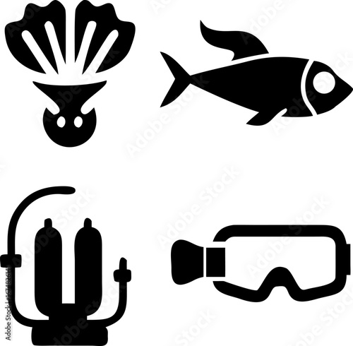 Explore the depths with diving gear icons: fins, scuba tank, fish, and mask for underwater adventures