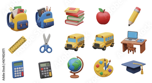 A vibrant 3D rendered illustration set of school supplies for a back to school concept. Education and learning icons