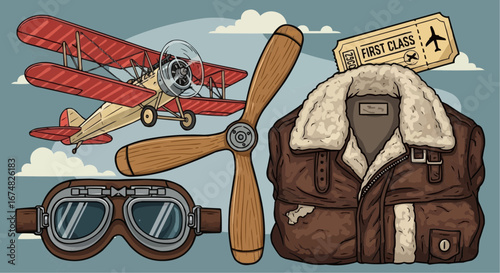 Aviation vector object and icon vintage aviation theme with biplane airplane pilot goggles jacket propeller and first class ticket art