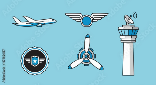 Aviation vector object and icon aviation industry vector icons airplane propeller air traffic control tower and pilot wings design set 100 characters