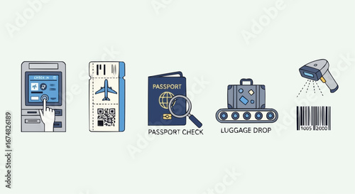 Aviation vector object and icon airport check in process vector illustration showing self service kiosk and passport check and luggage drop