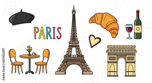 Parisian Icons Eiffel Tower, Arc de Triomphe, Croissant, Wine, and Cafe Scene Illustration