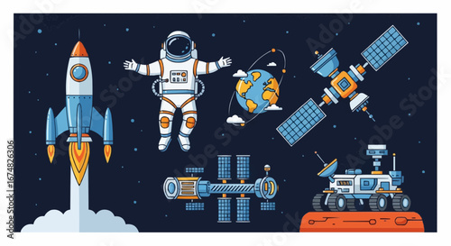 Aviation vector object and icon explore space with astronaut rocket satellite and rover vector illustration design for education and fun drawing