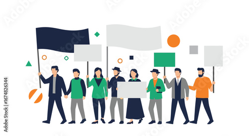 People carrying blank signs and flags for a protest or demonstration