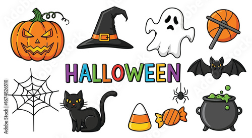 Cute Halloween Cartoon Icons Pumpkins, Ghosts, Bats, and More!