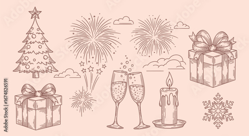 Holiday celebration illustration featuring fireworks, gifts, champagne flutes, Christmas tree, candle, and snowflake