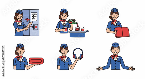 Aviation vector object and icon stewardess airline cabin crew demonstrating safety exit and serving drinks and headphones vector illustration