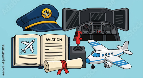 Aviation vector object and icon explore aviation training and pilot school equipment for career success and flight simulation tools