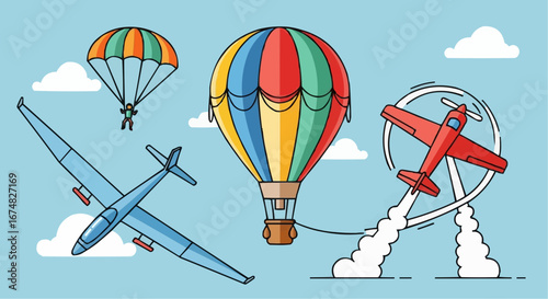 Aviation vector object and icon skydiving hot air balloon glider and stunt plane aviation sports and recreation in the sky vector design