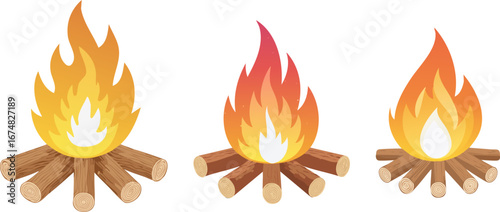 Set of Three Campfires Vector Illustration.