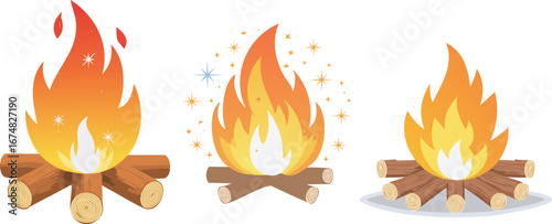 Set of Stylized Campfire Illustrations with Logs and Flames.