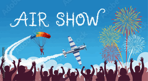 Aviation vector object and icon airshow featuring aircraft aerobatics parachuting and fireworks display for aviation enthusiasts event fans