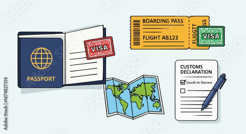 Aviation vector object and icon travel documents passport visa boarding pass map customs declaration for international travel planning tips