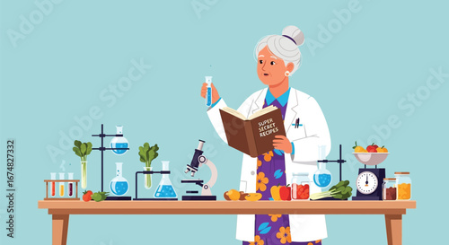 Elderly female nutritionist in a lab coat researching food science, analyzing fresh fruits and vegetables with scientific equipment