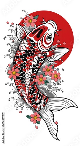 Vibrant Koi Fish Artwork Surrounded by Cherry Blossoms and Waves in a Bold Red Circle