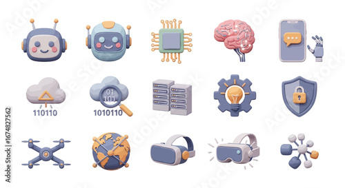 A modern 3D icon set representing artificial intelligence, data science, and future technology concepts