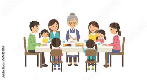 Illustration of a large three-generation family gathering for dinner with the grandmother serving
