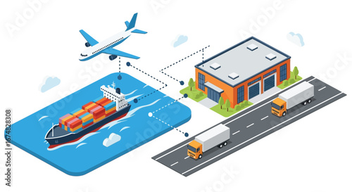 Supply chain management concept with air, sea, and land freight for global logistics and distribution