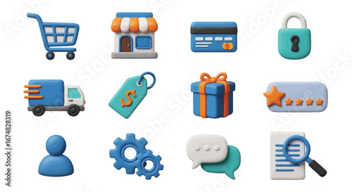 Set of colorful 3D rendered e-commerce and online shopping icons for digital business, retail, and payment solutions, perfect for website and app interfaces