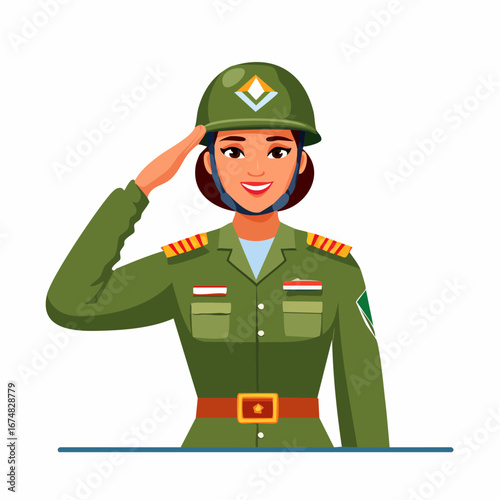 Female Soldier in Green Uniform Saluting - AI Generated