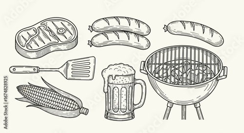Barbecue party with steak, sausages, corn, beer, and grill illustration