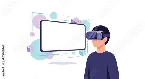 Immersive Virtual Reality Experience Person Engages with Digital Content and Interactive Screen in Augmented Environment