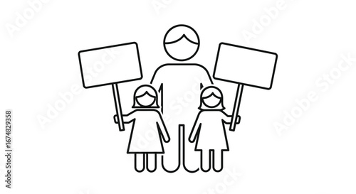 Parent with two children holding blank signs at a demonstration or protest