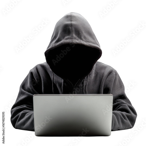 Mysterious hooded figure using a laptop computer in the dark isolated on transparent background