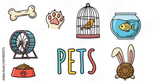Dynamic illustration showcasing essential pet supplies and accessories for various beloved animal companions, highlighting care, play, and comfortable living
