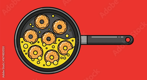 Frying Donuts Illustration Top View of Delicious Treats in Hot Oil