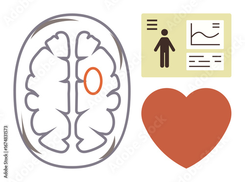 Brain scan outline highlighting specific area, red heart shape symbolizing emotions, data metrics panel representing analytics, health, brain function, and emotional connection. Ideal