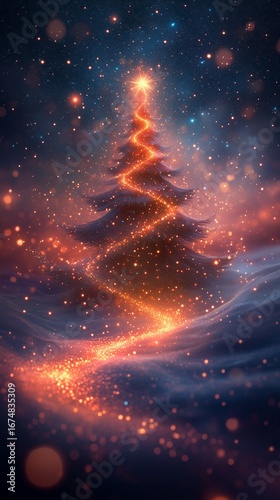 Magical starry Christmas tree blue purple gradient glow, dreamy galaxy background mobile wallpaper design, sparkling starlight effect holiday concept