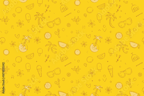 seamless summer pattern vector with palm trees sunglasses icecream popsicles watermelon shells beach balls suns clouds