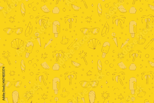 seamless summer pattern design tropical beach background sun stars sparkles clouds leaves icecream popsicles vector