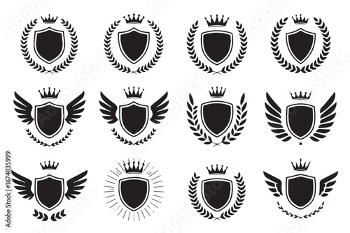 shield emblem vector pack heraldic crests with laurel wreath crowns wings black and white