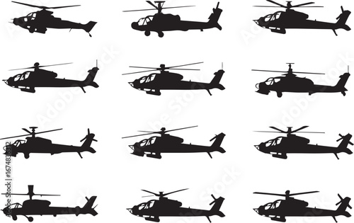 modern army helicopter vector silhouettes 12 designs with sensor radar weapons and rotor variations ai eps png svg