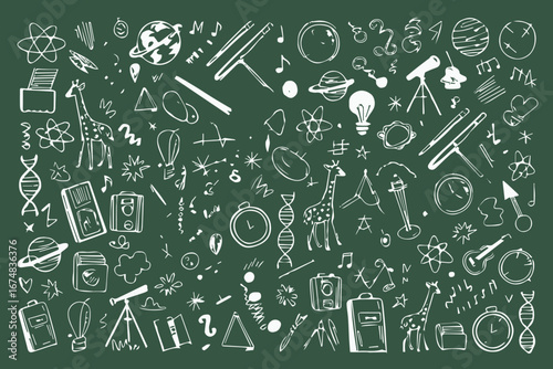 science and math doodles chalkboard vector background with educational icons shapes classroom teaching tools