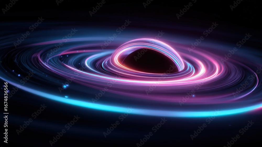 Obraz premium Cosmic Black Hole Surrounded by Vibrant Light Swirls and Colorful Energy Waves in Space Environment