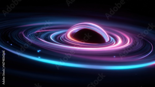 Cosmic Black Hole Surrounded by Vibrant Light Swirls and Colorful Energy Waves in Space Environment