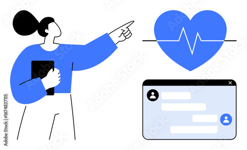 Woman pointing at a heartbeat icon while holding a tablet, next to a digital chat window. Ideal for health tracking, telemedicine, digital communication, wellness apps, healthcare, remote