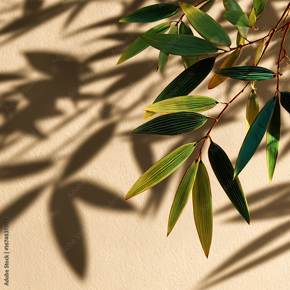 Obraz premium Green Leaves and Shadows on Beige Background